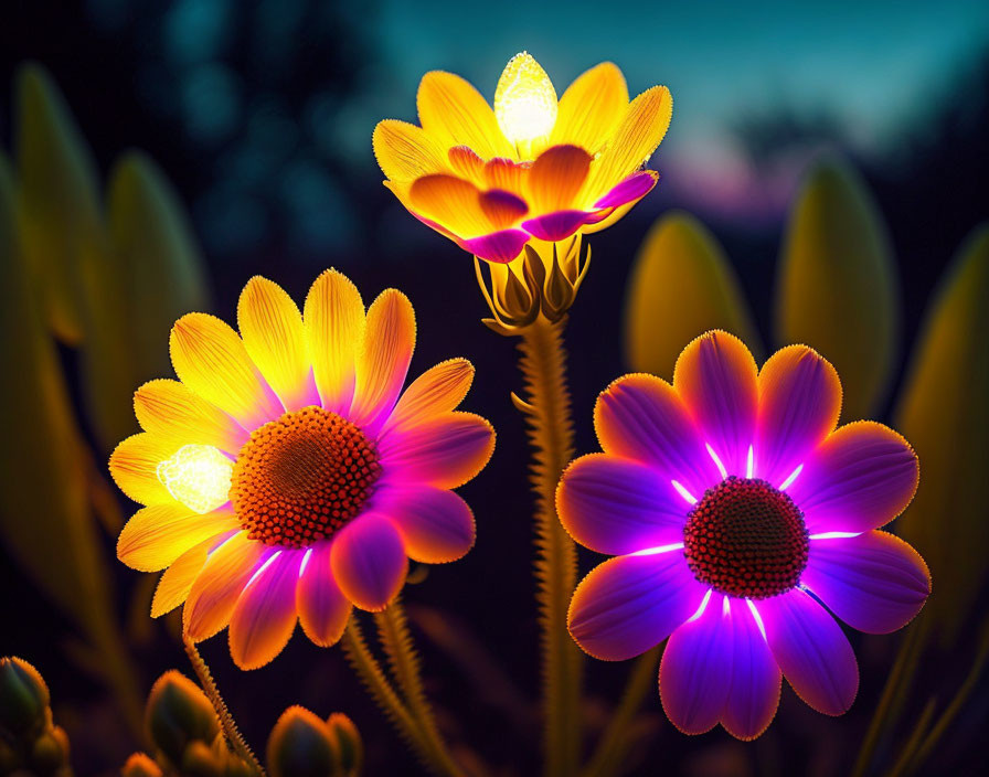 Vibrant Neon Flowers Against Twilight Sky