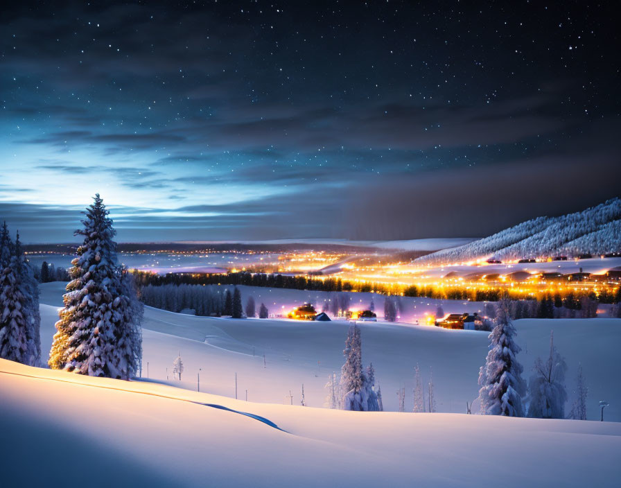 Snow-covered trees under starry sky in tranquil winter night village scene