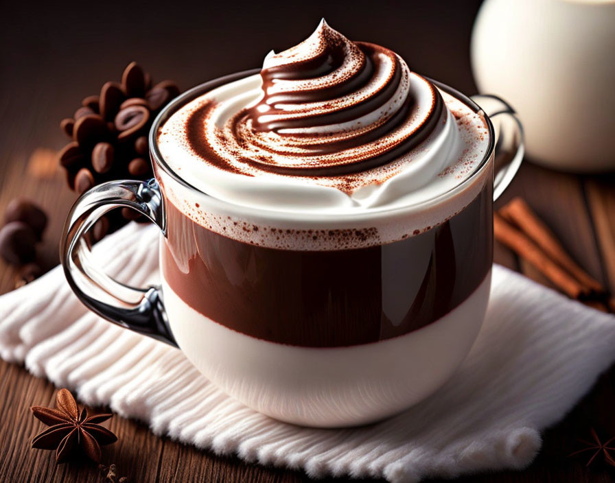 Glass mug with hot chocolate, whipped cream swirl, cocoa powder, cinnamon sticks, and star anise