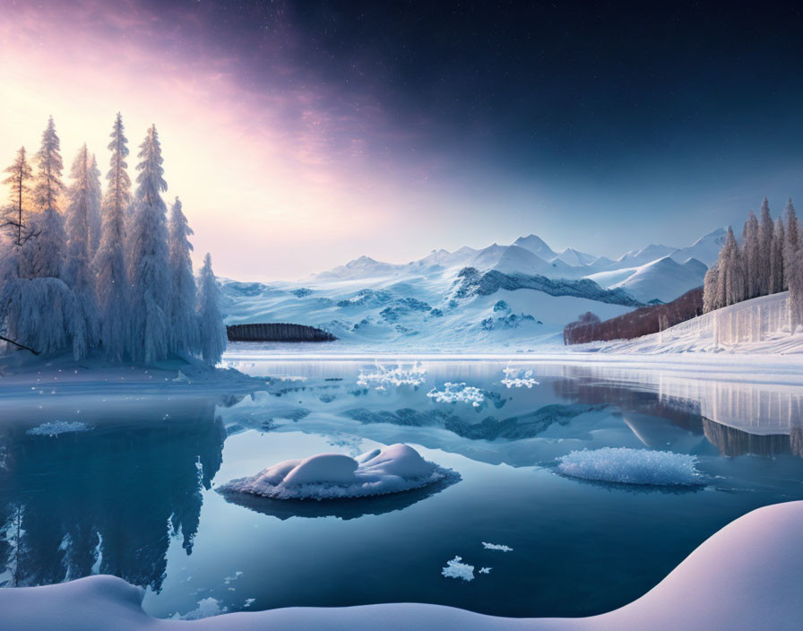 Snow-covered trees, frozen lake, and starlit mountains in twilight winter scene