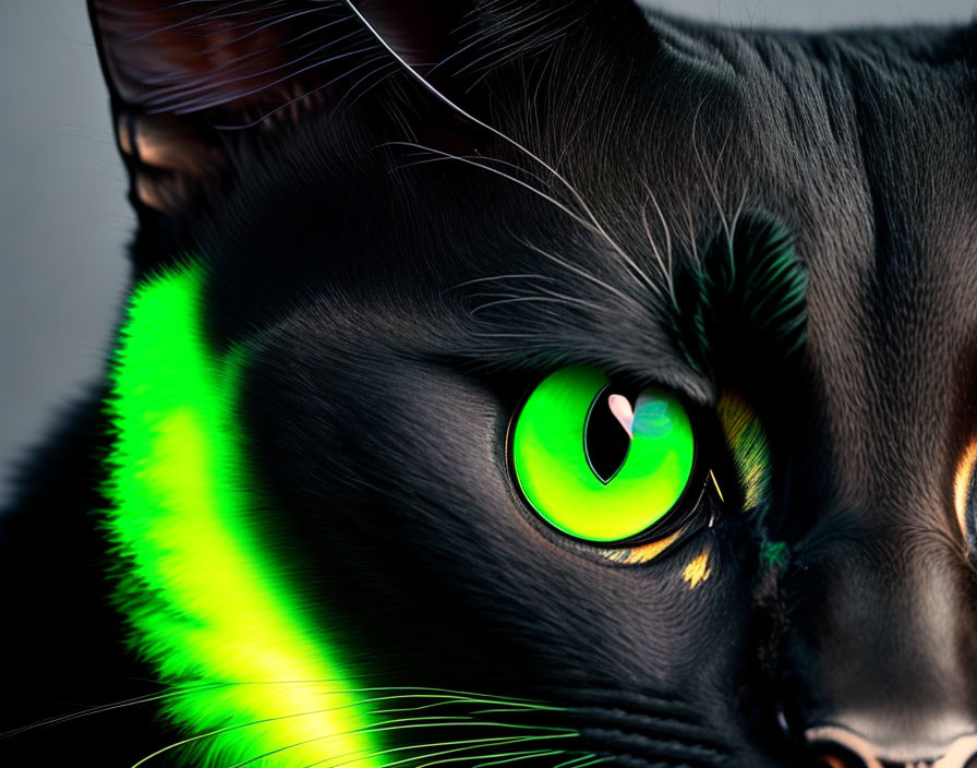 Black cat with vibrant green eyes and light patterns on fur