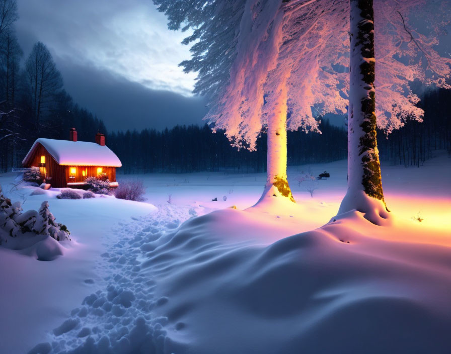 Snowy forest cabin with warm glowing windows at dusk