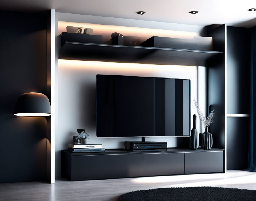 Sleek living room with large flat-screen TV on black entertainment unit