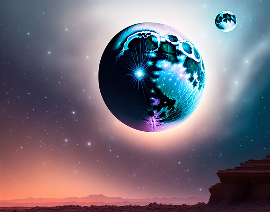 Futuristic digital artwork: oversized glowing Earth above desert landscape