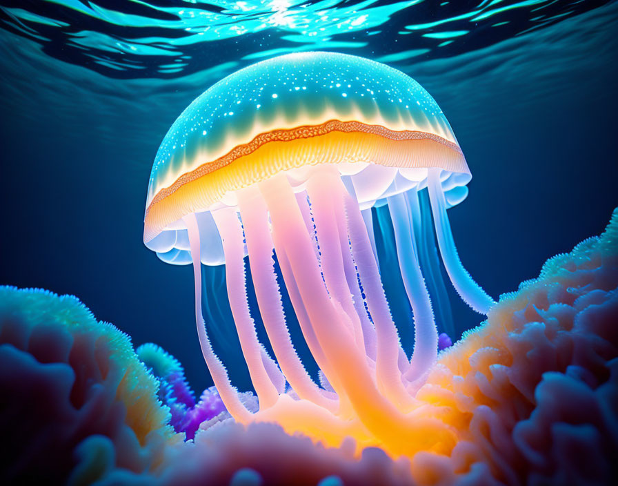 Luminescent jellyfish and vibrant coral in blue underwater scene