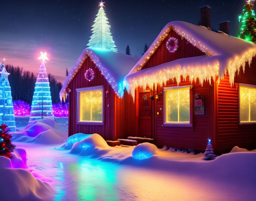 Festive Twilight Scene of Snow-Covered Cabins & Christmas Decorations