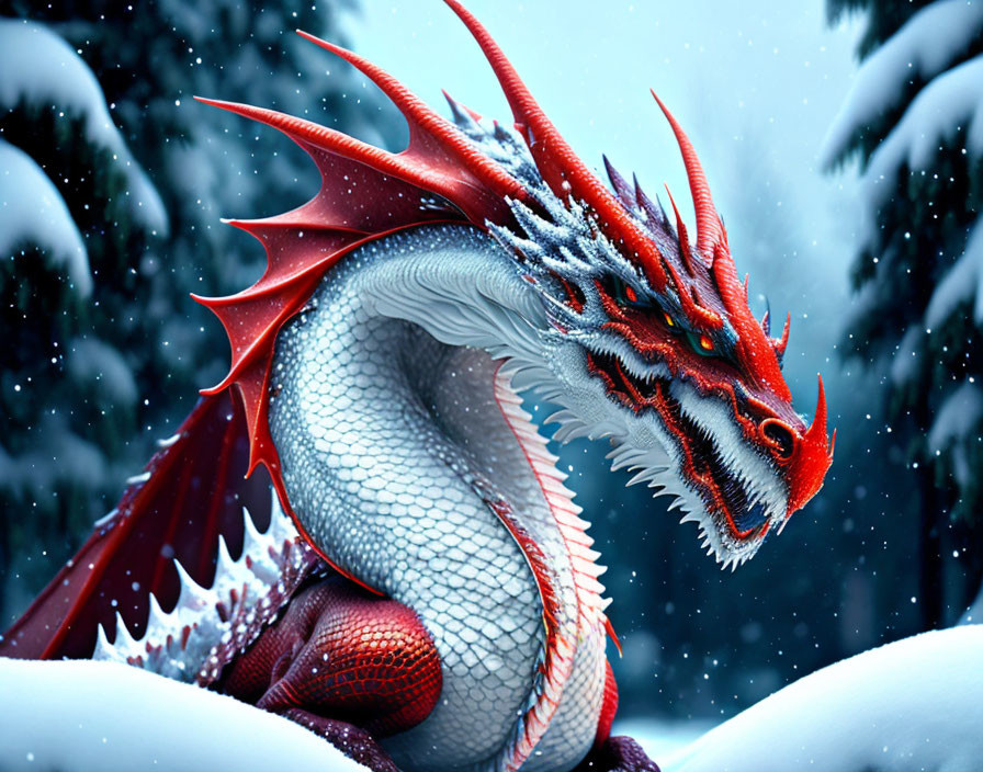 Red and White Dragon in Snowy Winter Scene