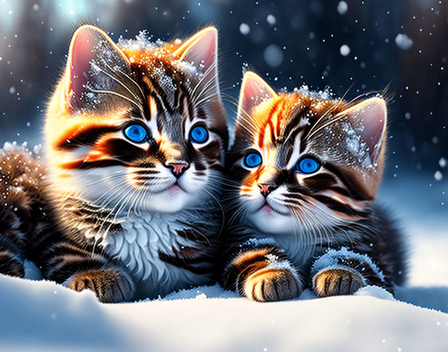 Blue-eyed kittens with snowflakes in a wintery scene