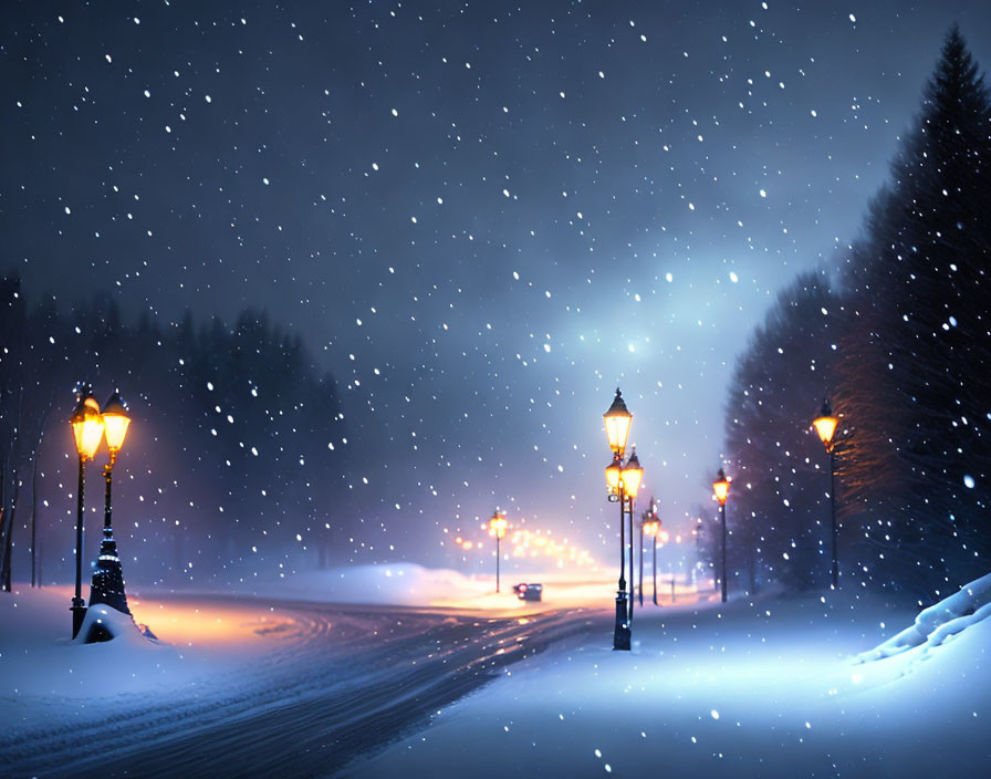 Snowy Night Landscape: Glowing Street Lamps & Falling Snow