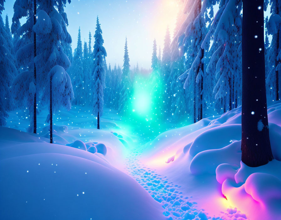 Snowy Forest Winter Scene with Glowing Pathway