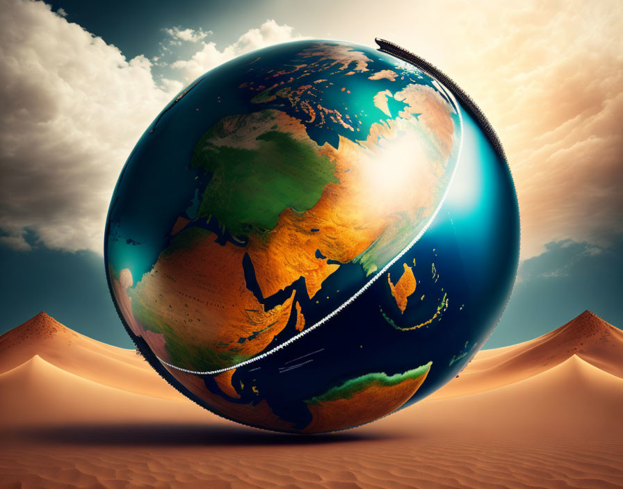 Surreal giant globe unzipping with bright light in desert landscape