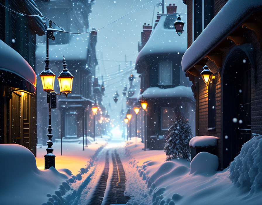 Snowy Street Twilight Scene with Illuminated Lamps and Fresh Snow