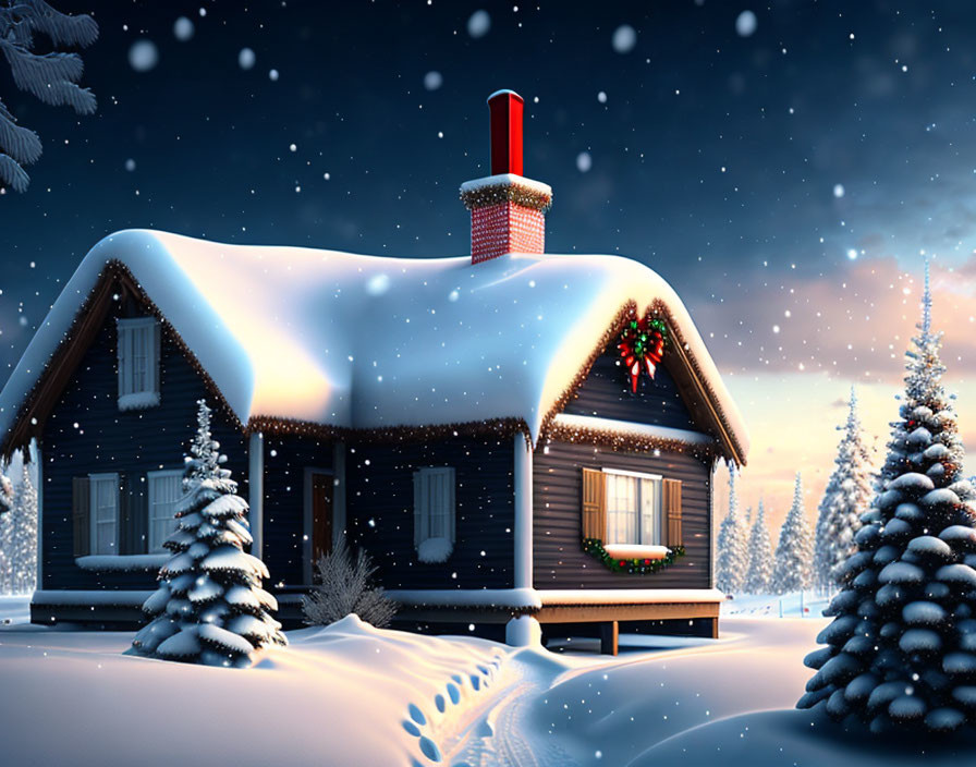 Snow-covered house with lit chimney and wreath in twilight snowscape