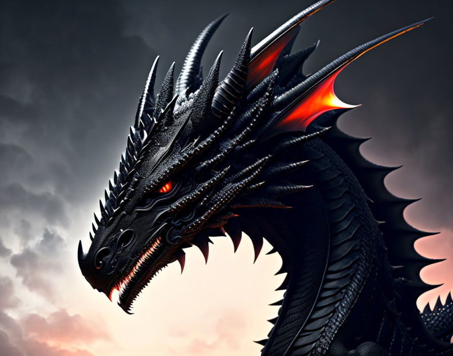 Detailed Black Dragon with Glowing Red Eyes in Stormy Twilight Sky