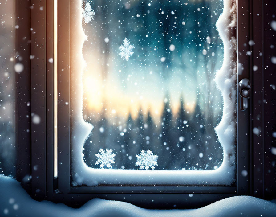 Snow-covered windowsill with falling snowflakes and golden sunrise over silhouetted trees.