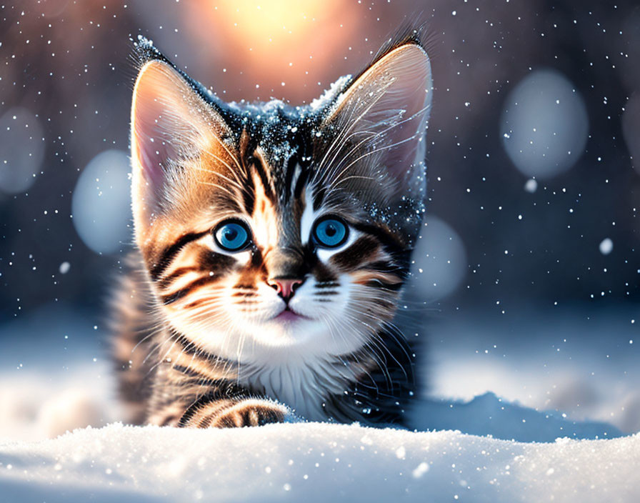 Tabby kitten with blue eyes in snowy setting with snowflakes.