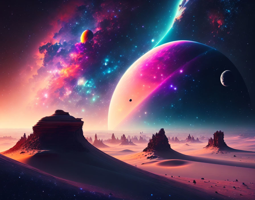 Colorful Space Landscape with Planets, Nebula, Shooting Stars, Desert Dunes