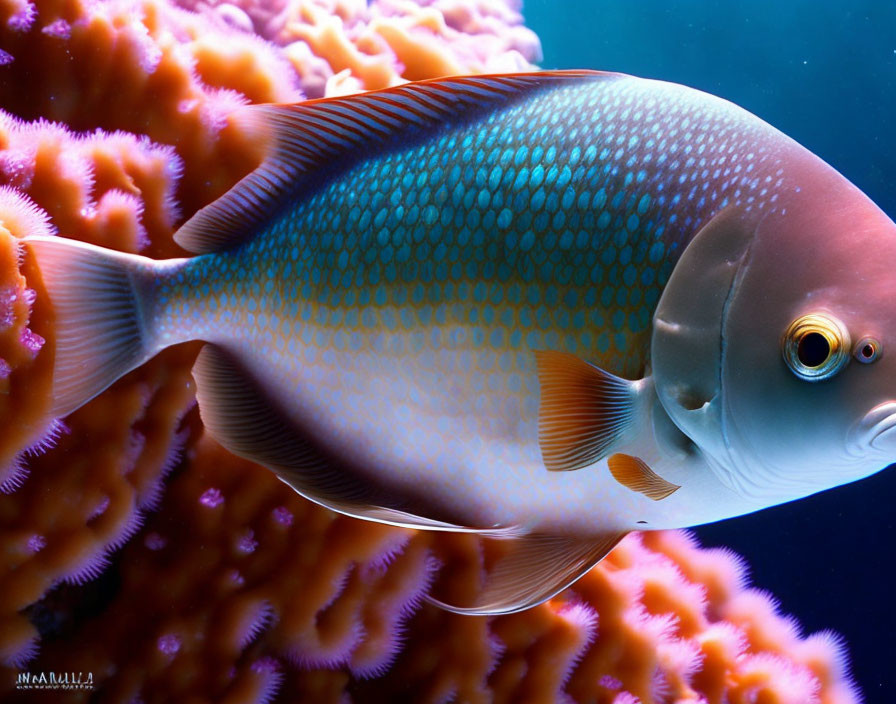 Colorful Tropical Fish with Blue Scales and Orange Fins Swimming by Coral