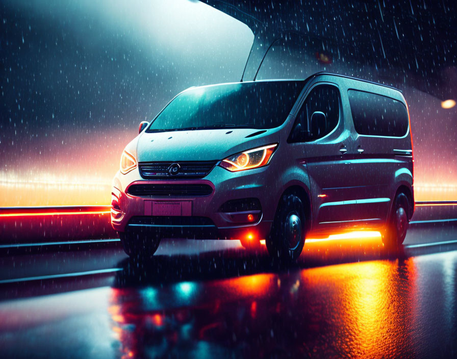 Black van on wet road at night with colorful street lights and rain reflections