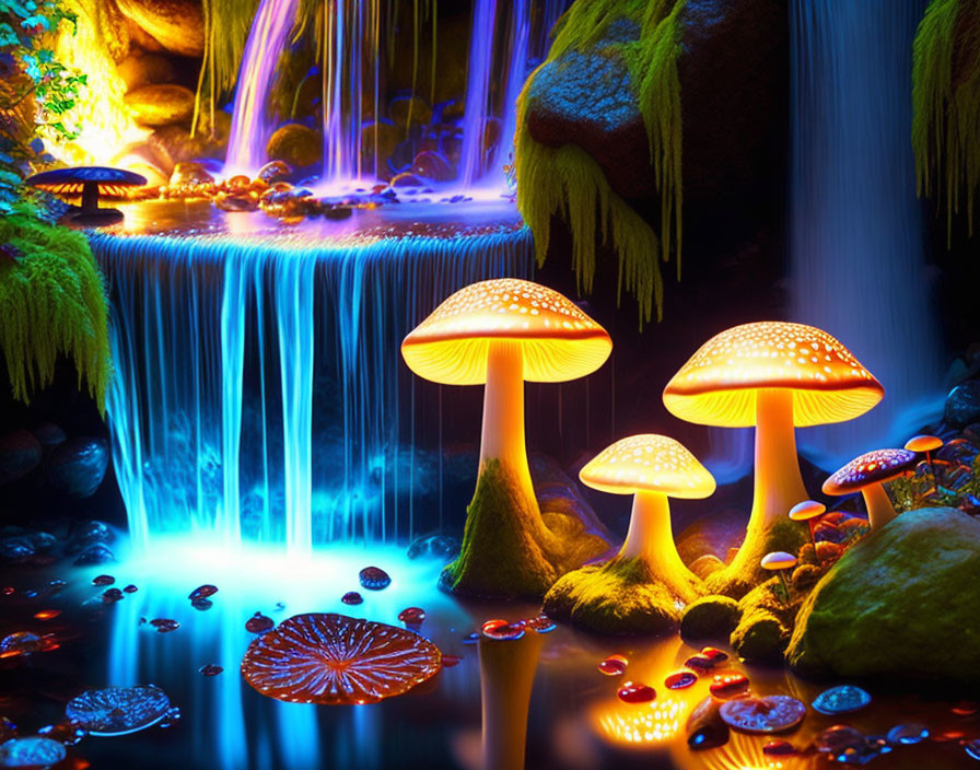 Luminous scene with glowing mushrooms, neon waterfall, moss-covered rocks