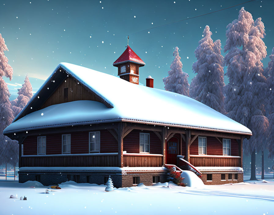 Snow-covered wooden cabin with red roof in serene winter landscape