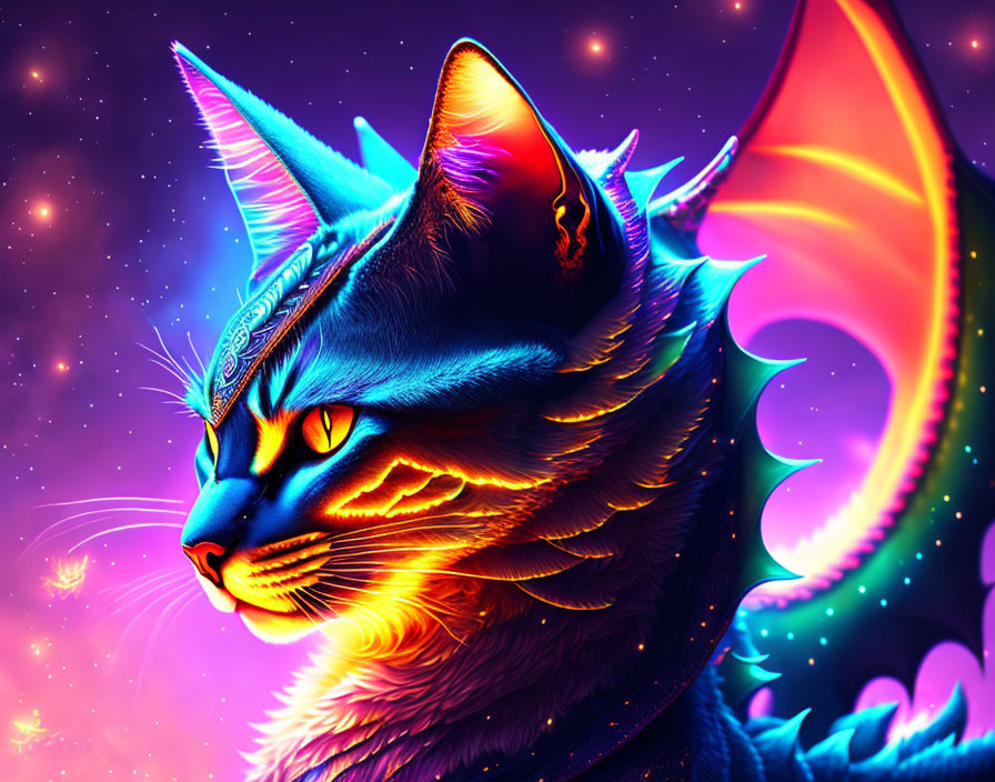 Colorful Neon Cat with Dragon-Like Wings in Cosmic Setting