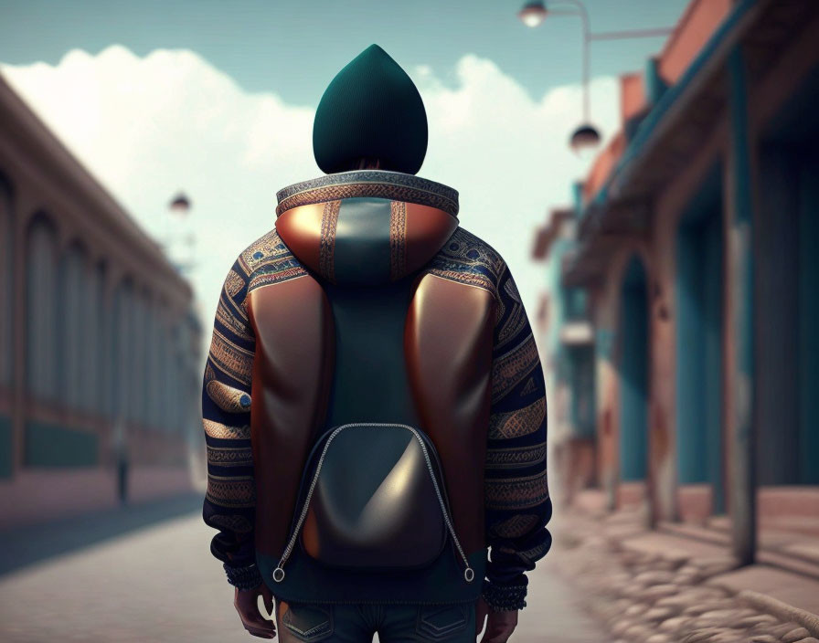 Person in hooded jacket with backpack on empty street