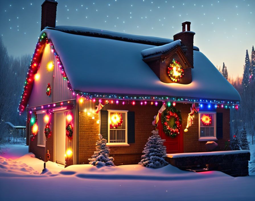 Snow-covered house with Christmas lights and wreaths in twilight setting