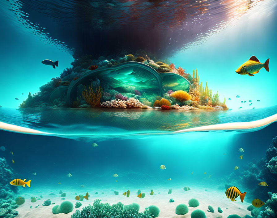 Colorful Coral Reef and Fish with Bubble Reflection