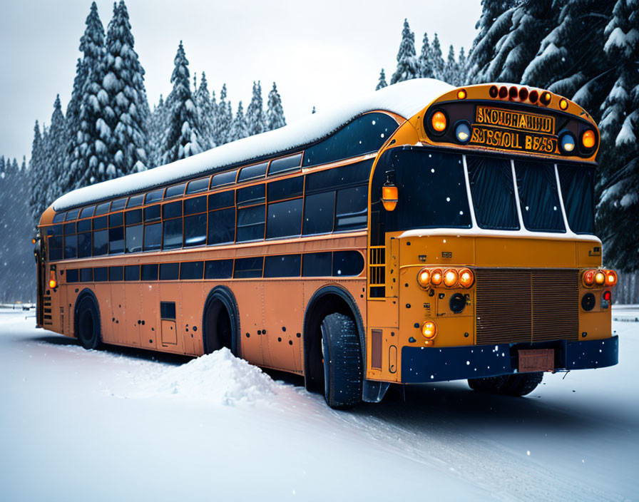 Yellow school bus on snowy road with snow-covered pine trees