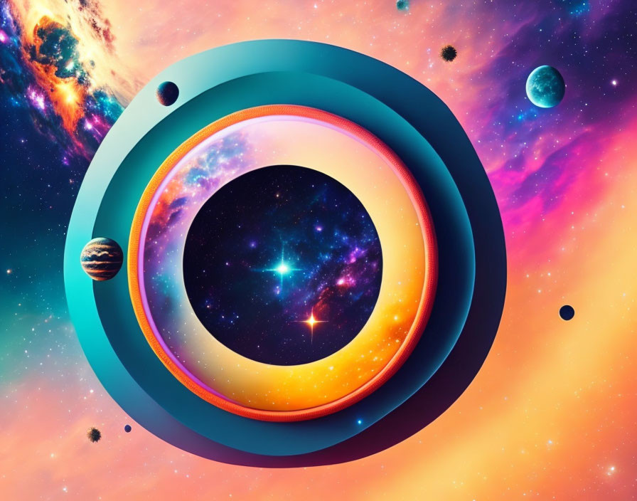 Colorful Abstract Cosmic Scene with Celestial Bodies and Circular Layered Portal