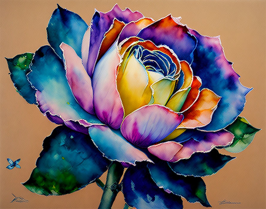 Multicolored rose with blue-tinted leaves and butterfly accents on beige background