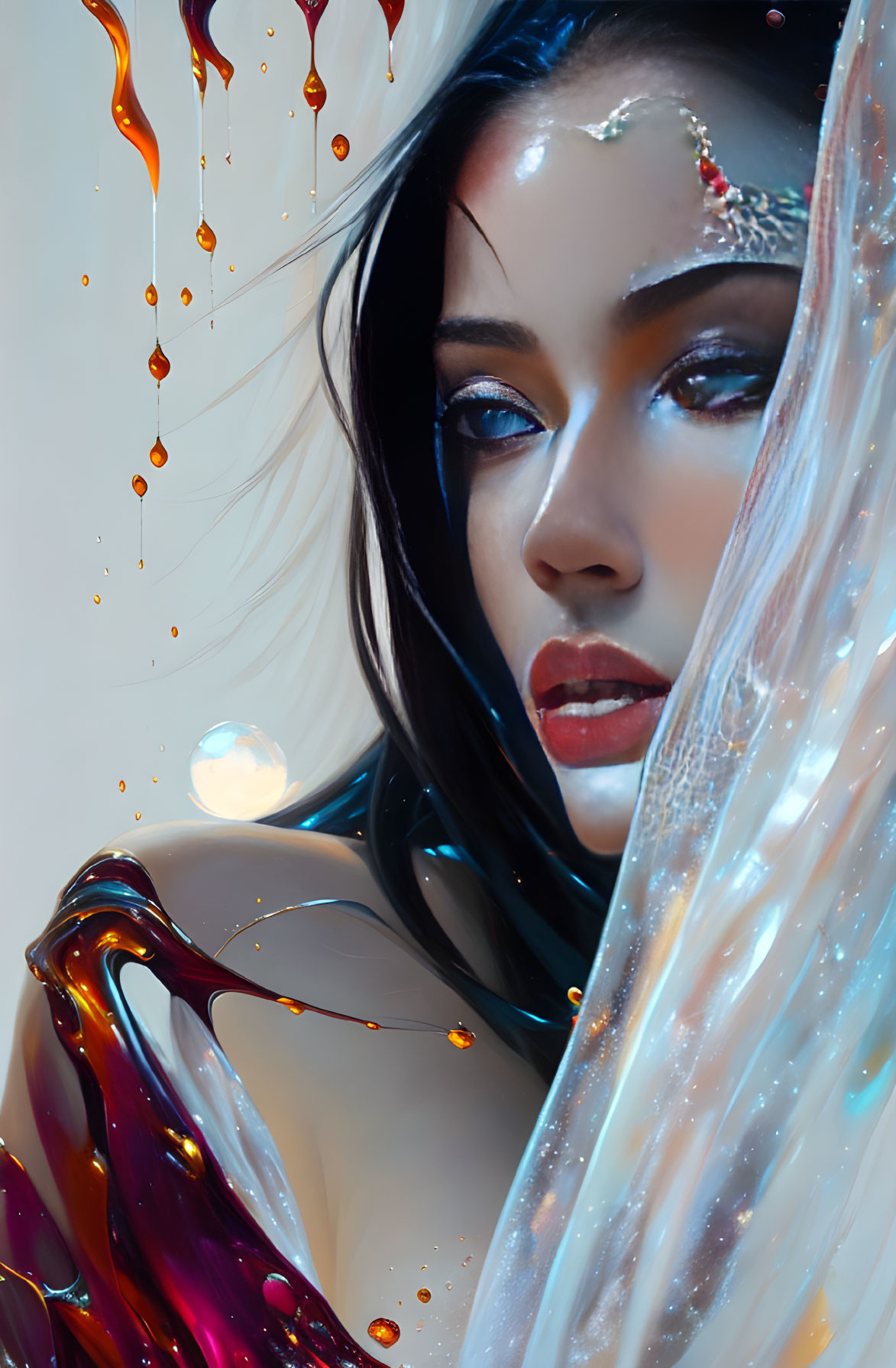 Fantasy-themed digital artwork of woman with striking makeup and jewel-like embellishments