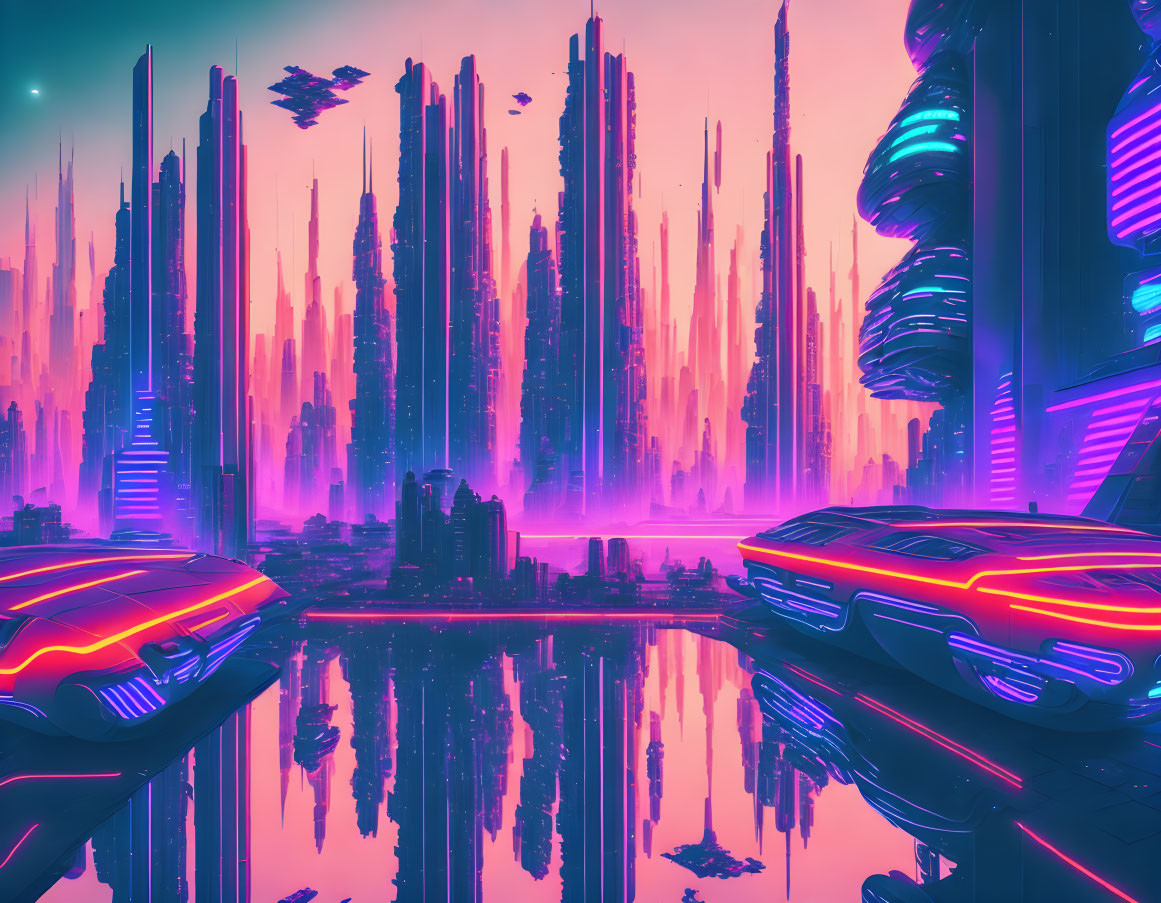 Neon-pink and blue futuristic cityscape at twilight