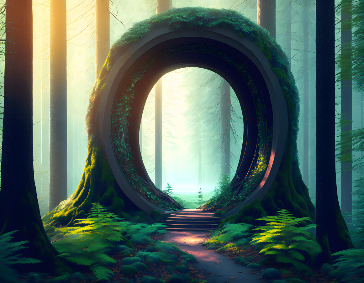 Enchanting forest scene with circular portal, sunlight, and mysterious pathway