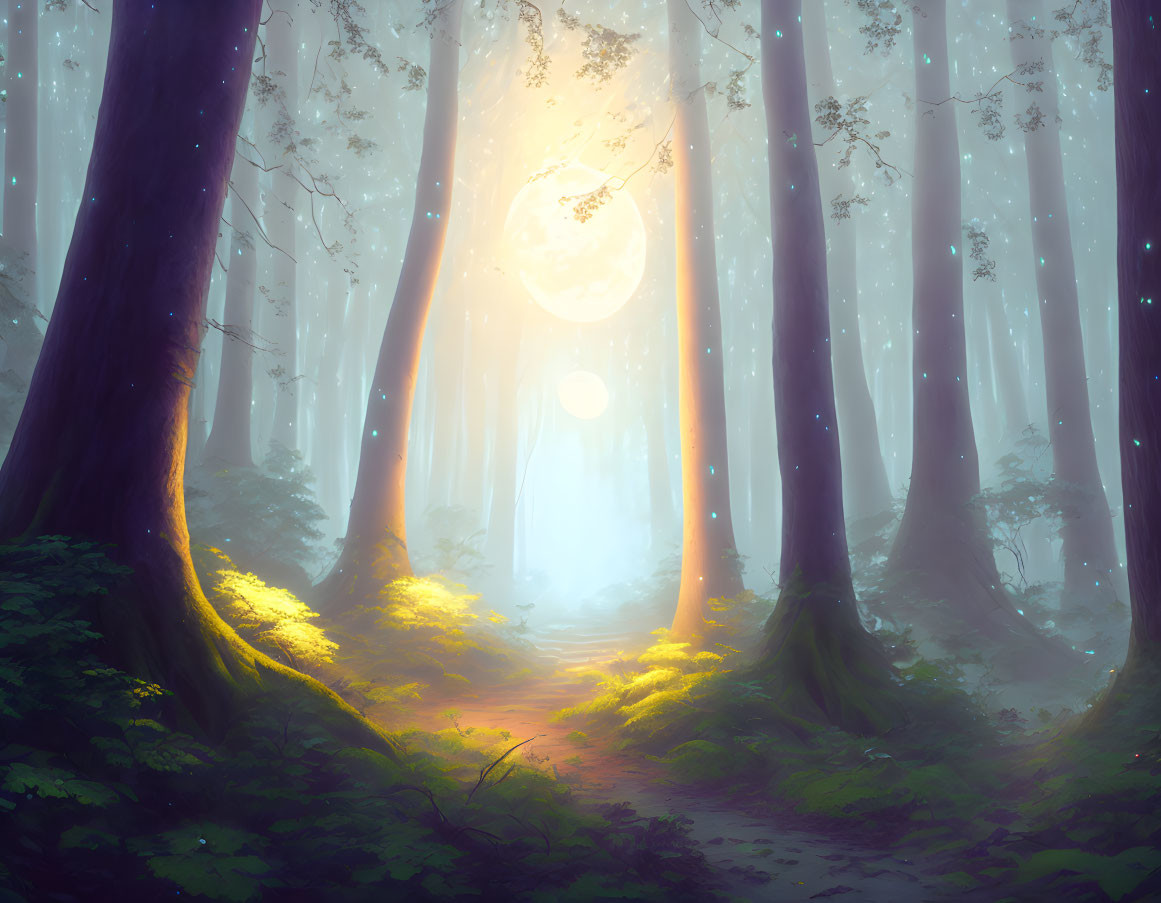 Misty forest with towering trees and mystical light