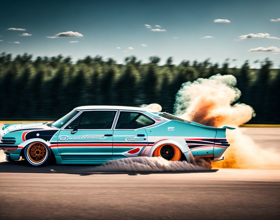 Vintage sports car drifts on track with tire smoke, trees, clear sky