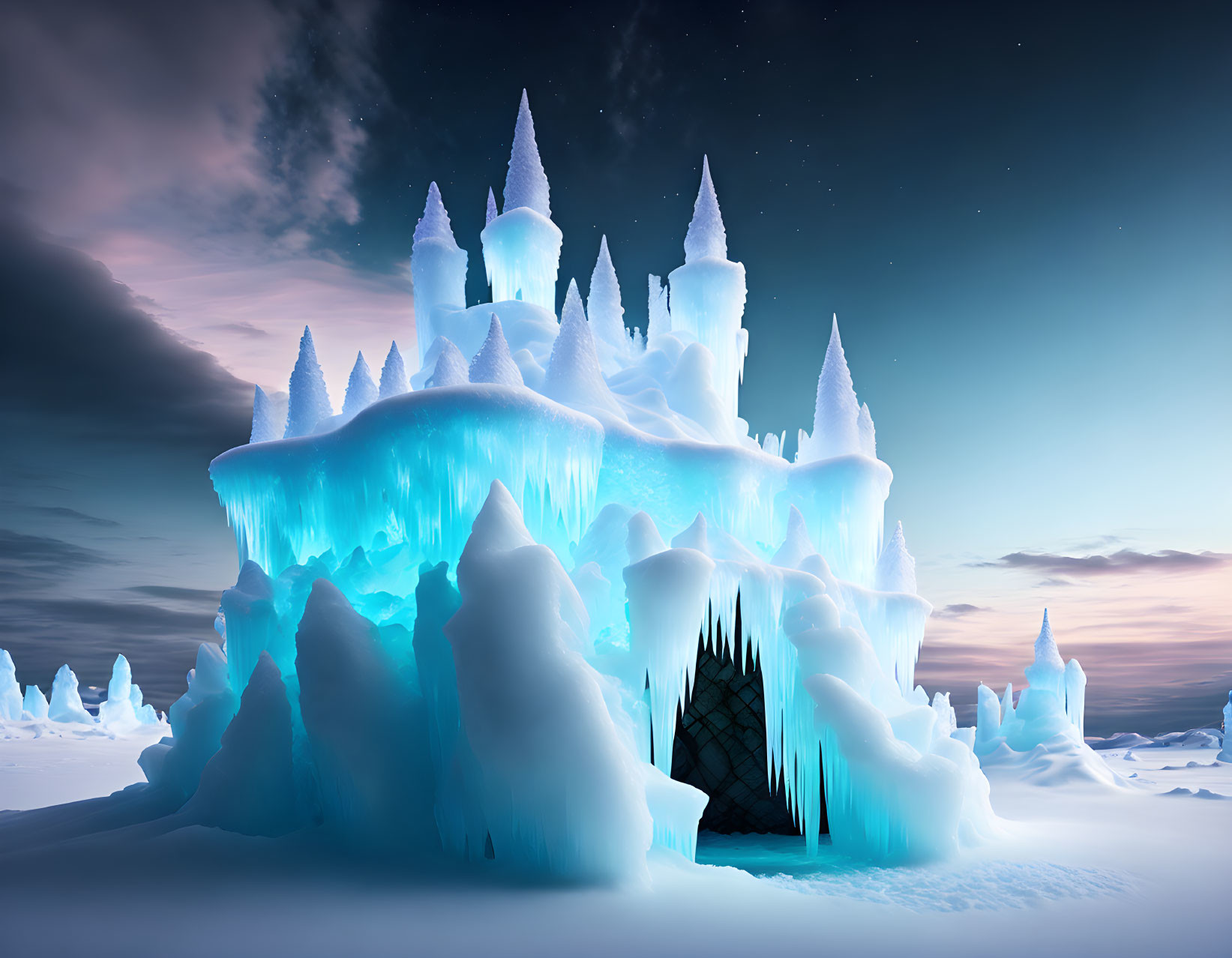 Illuminated Fantasy Ice Castle in Frozen Landscape