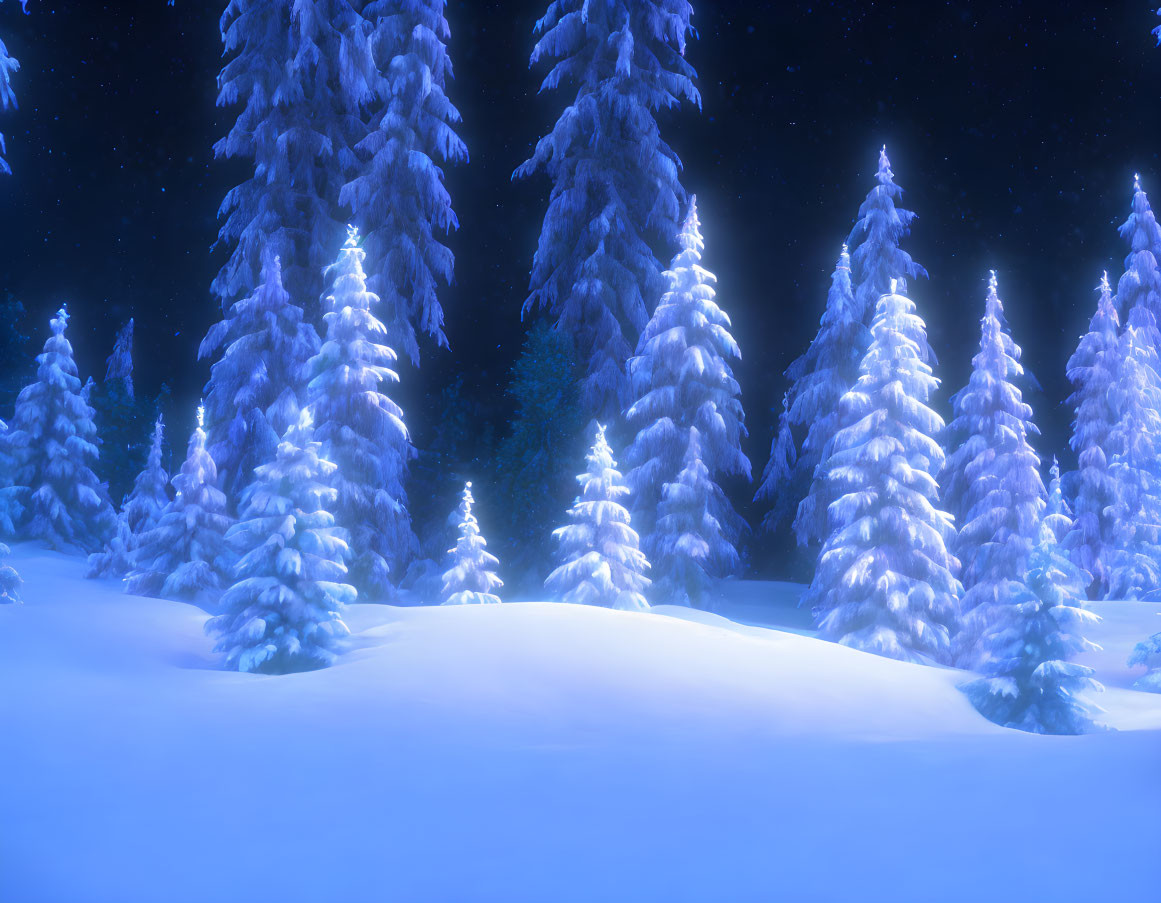 Snow-covered fir trees under starry sky in tranquil winter night