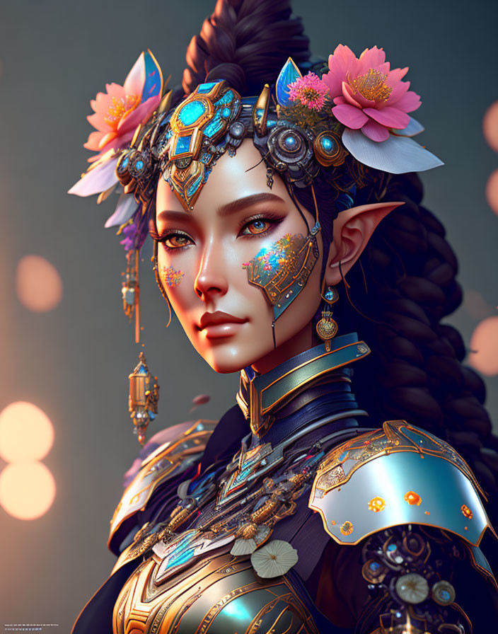 Digital portrait of woman in fantasy armor with intricate facial jewelry and flowers, against soft bokeh backdrop.