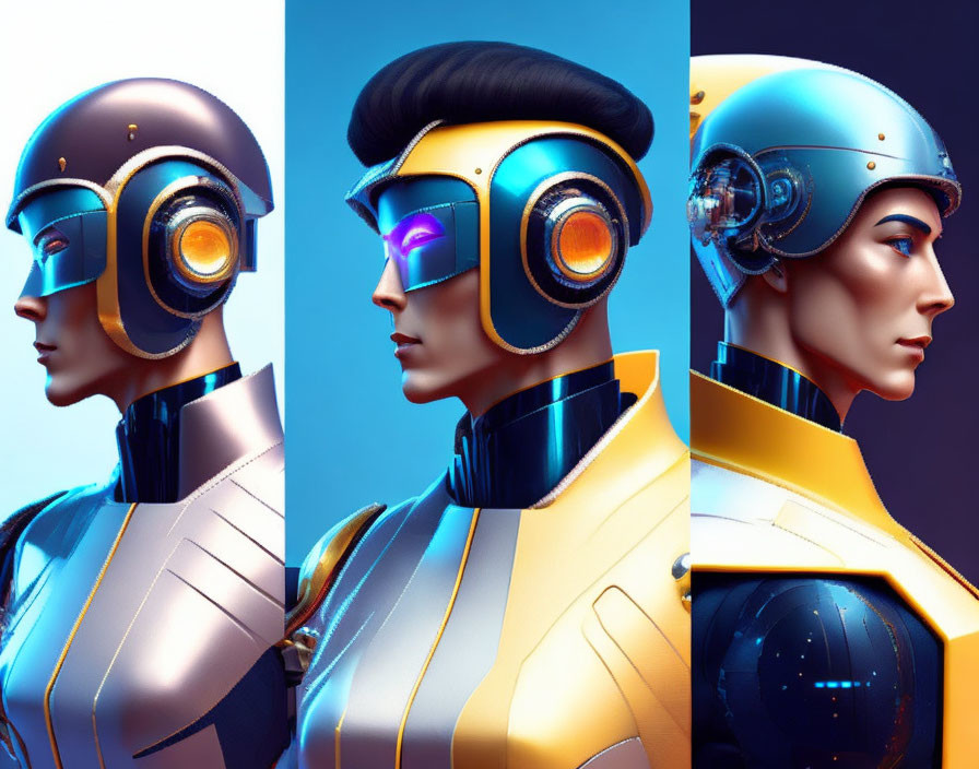 Abstract sci-fi helmet portraits in blue and yellow.