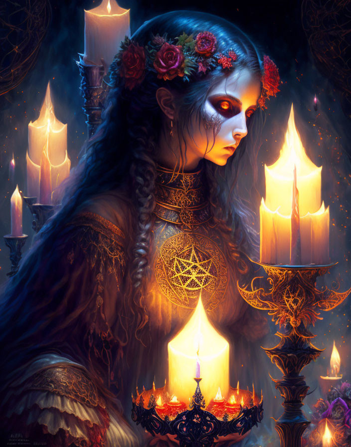 Gothic-themed woman illustration with floral crown and candles