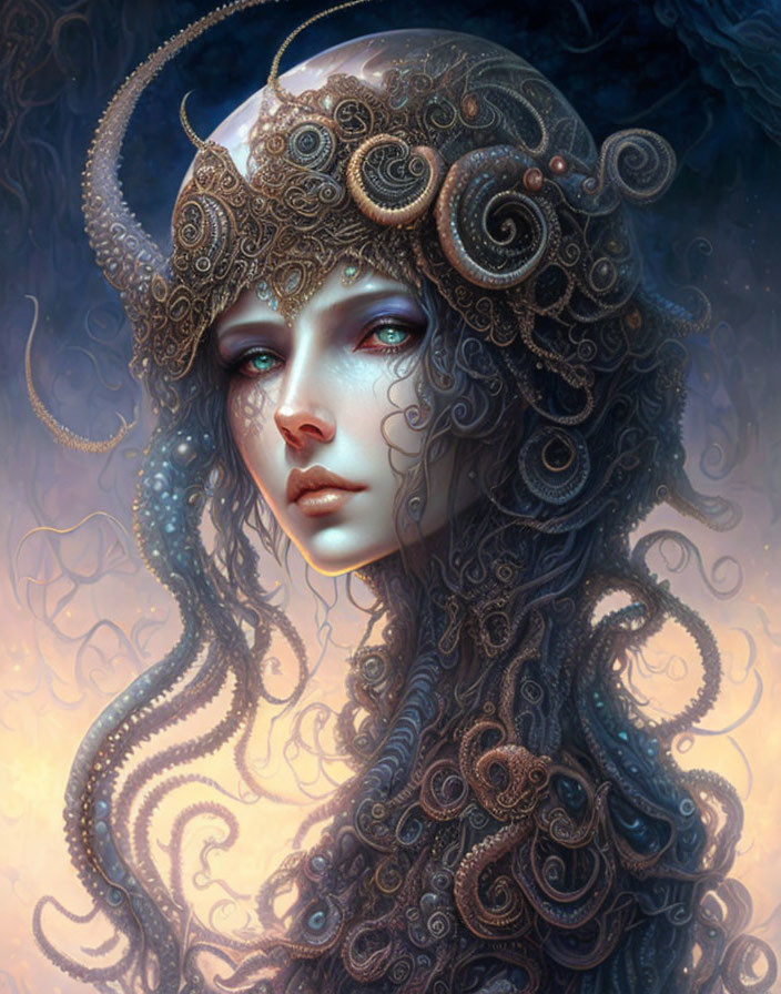 Illustrated female figure with pale skin and tentacle-like hair adorned with metallic ornaments