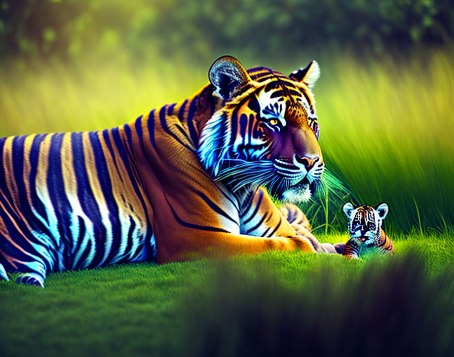 Adult tiger and cub resting in lush green grass