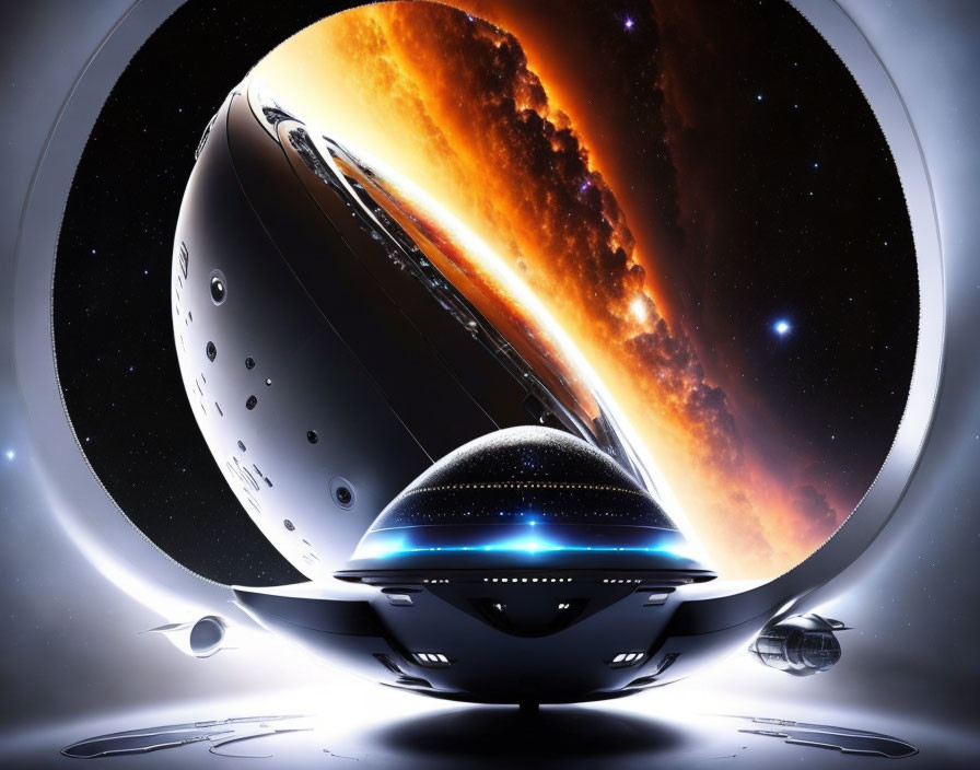Futuristic spacecraft orbiting planet with fiery cosmic clouds and smaller vessels in starry space.
