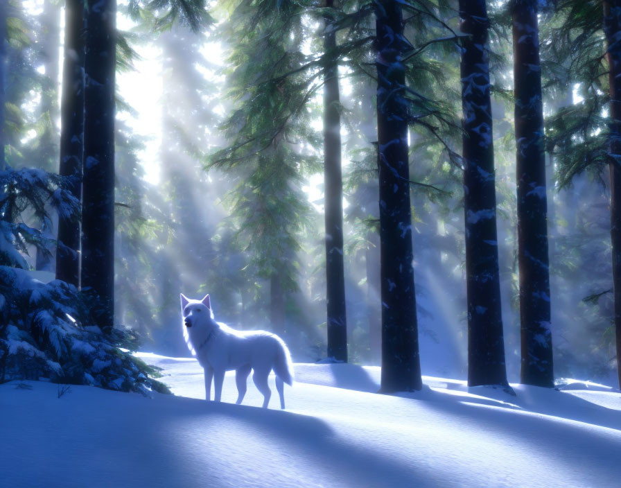 White Wolf in Snowy Forest with Sunbeams