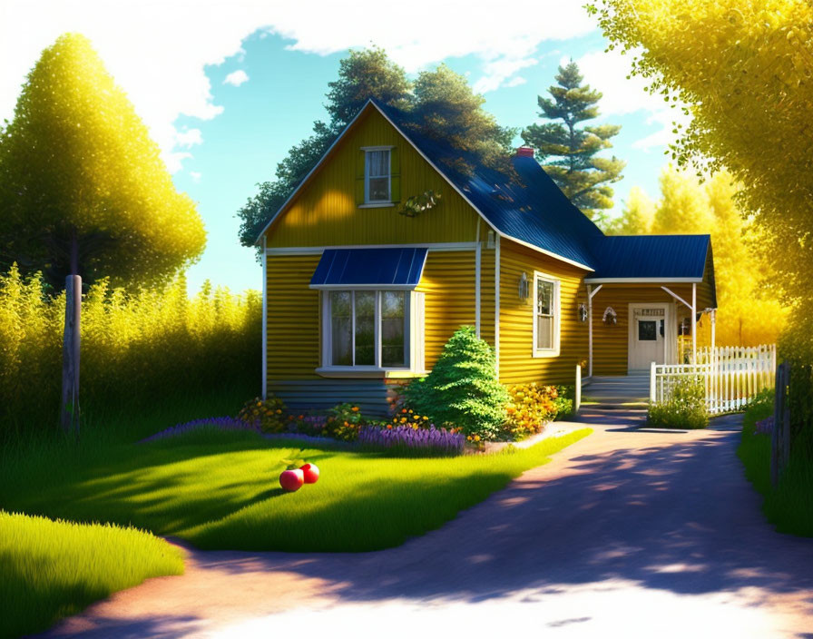 Yellow house with colorful garden and red ball under blue sky