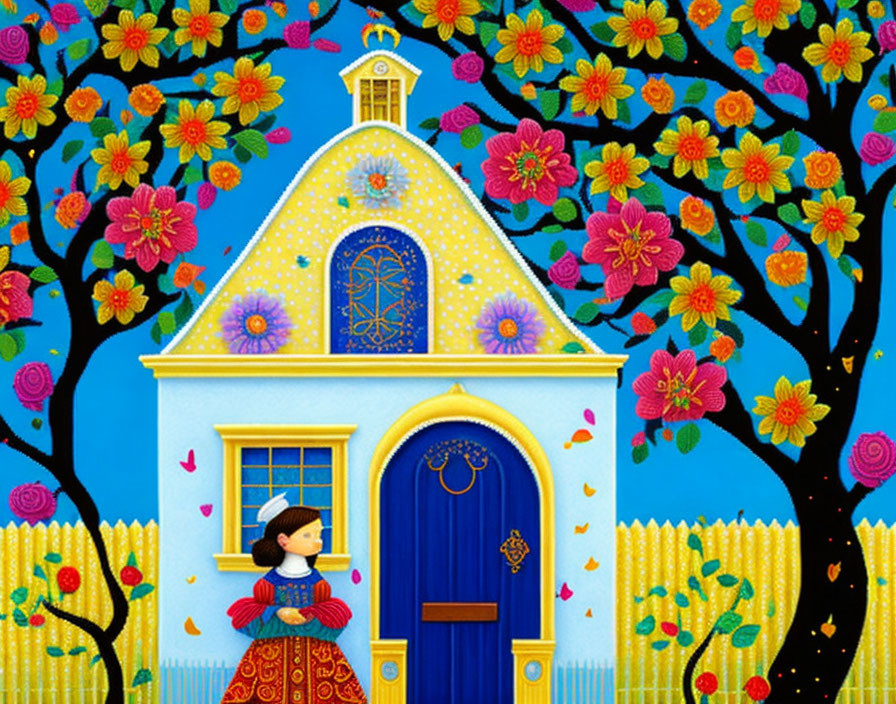 Colorful illustration of girl by vibrant blue house with yellow roof, blooming trees, flowers, and