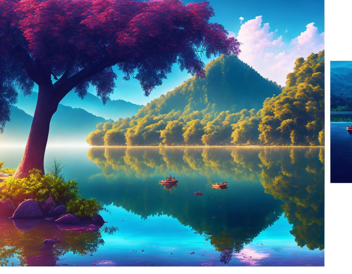 Tranquil lake scene with lush greenery, blue sky, tree, and boats