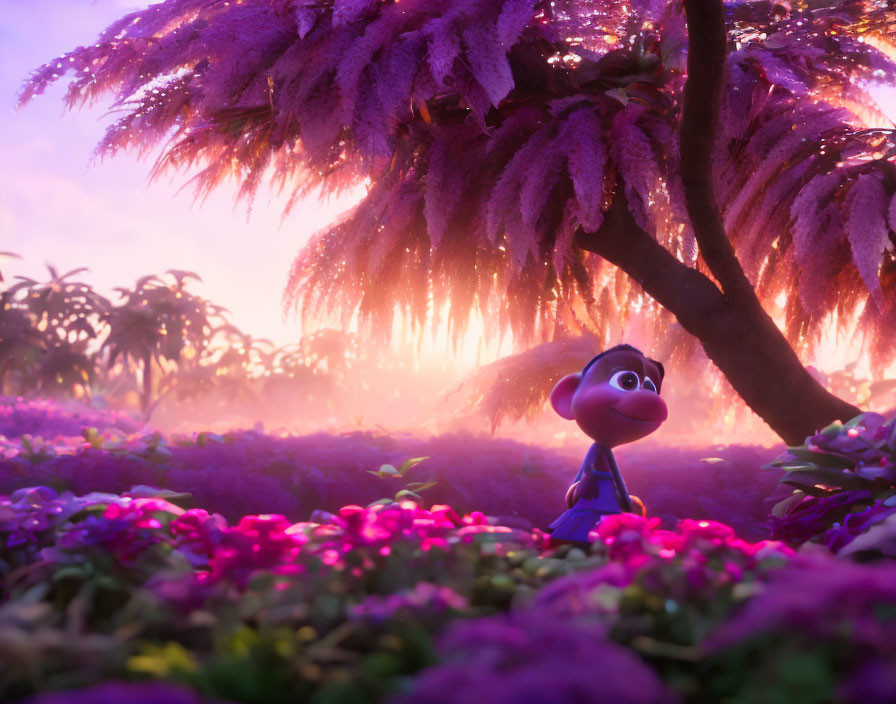 Animated character in vibrant garden with pink flora under dreamy purple sky